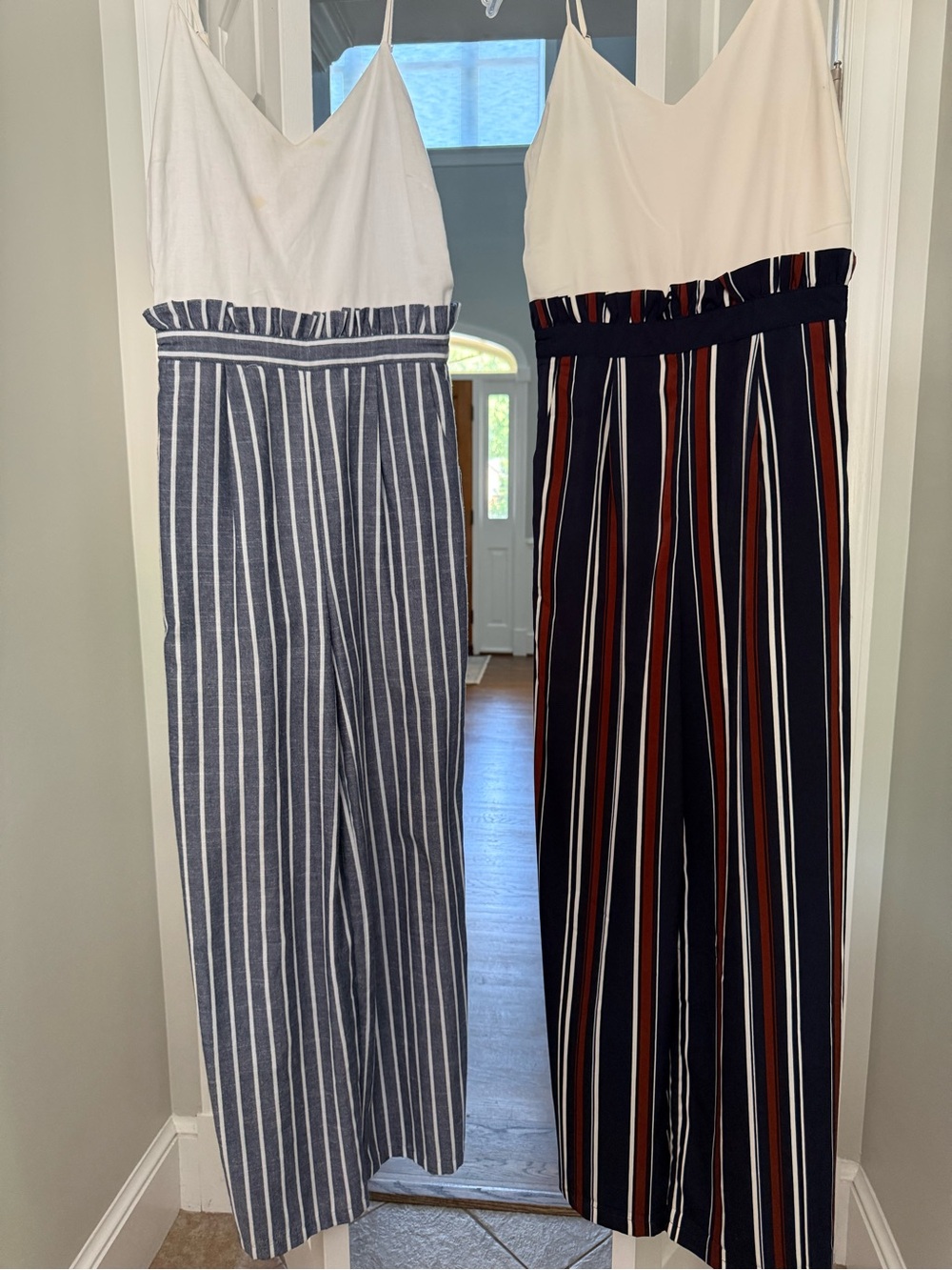 Two Altar'd State Striped Wide-Leg Strap Jumpsuit — White, Navy & Rust $ Brown